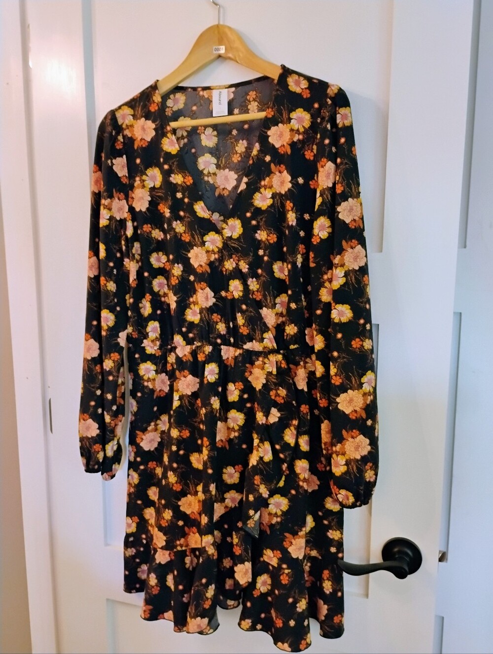 Brown Floral Long-Sleeve Wrap Dress